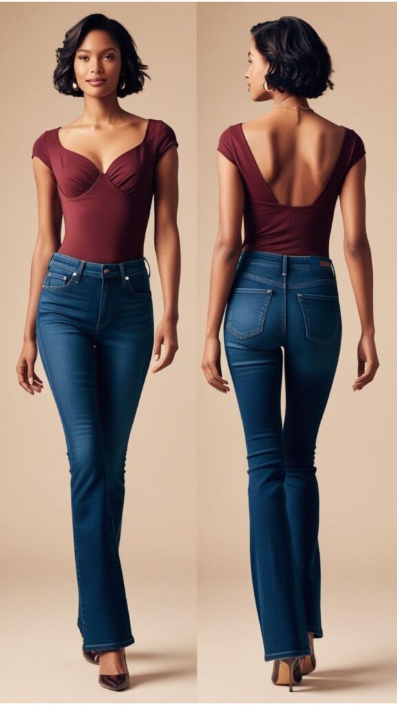A lovely woman with an inverted triangle shape looking stylish in mid-rise, flare jeans and a top that balances her shoulders.