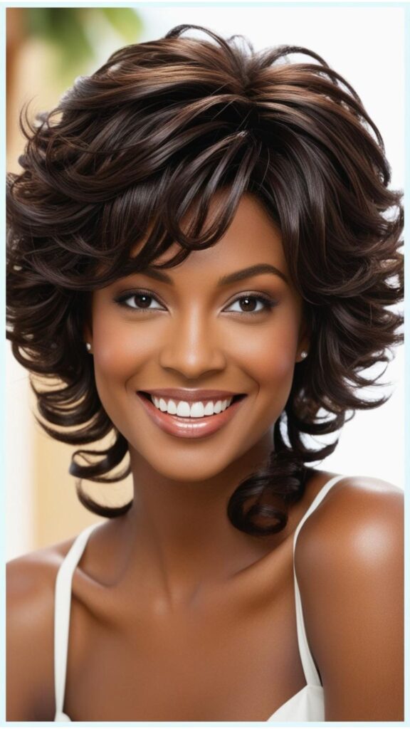A beautiful woman with curly hair sporting a short, layered cut that enhances her curls.