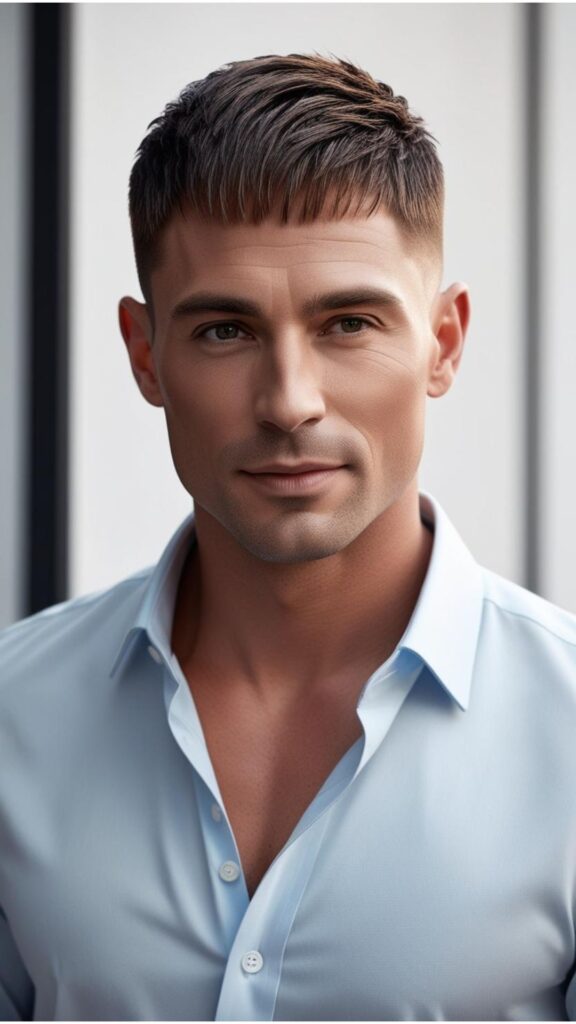 A handsome man with short, straight hair styled in a textured crop, showcasing a modern and stylish look