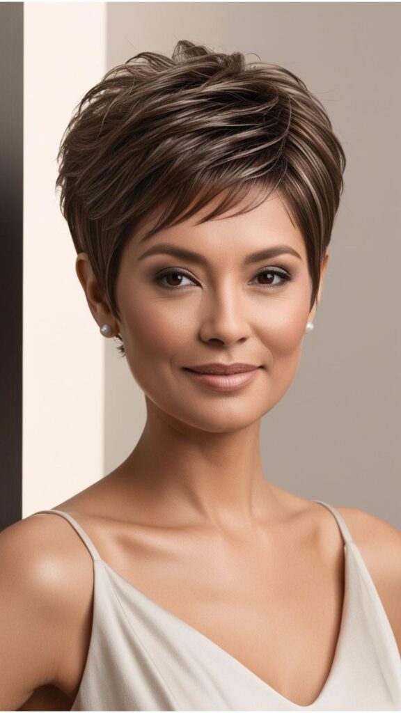 A beautiful woman with a round face wearing a pixie cut with textured layers and height at the crown.