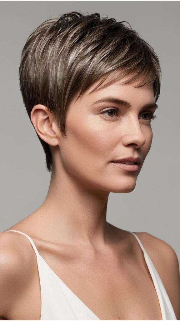 A person with short, thin fine hair styled in a pixie cut, showcasing added volume and texture