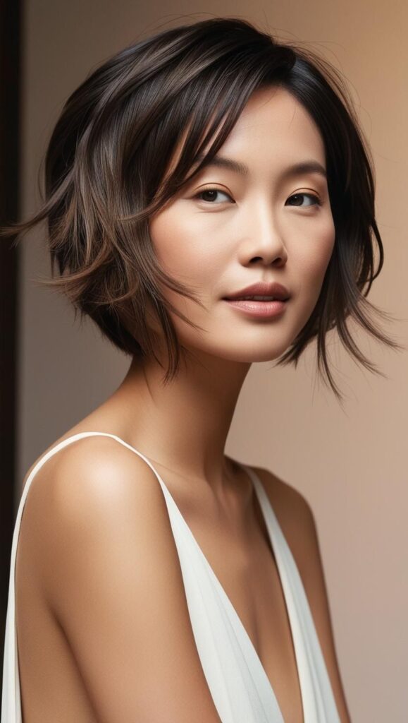 A beautiful woman with wavy hair wearing a short, textured bob.