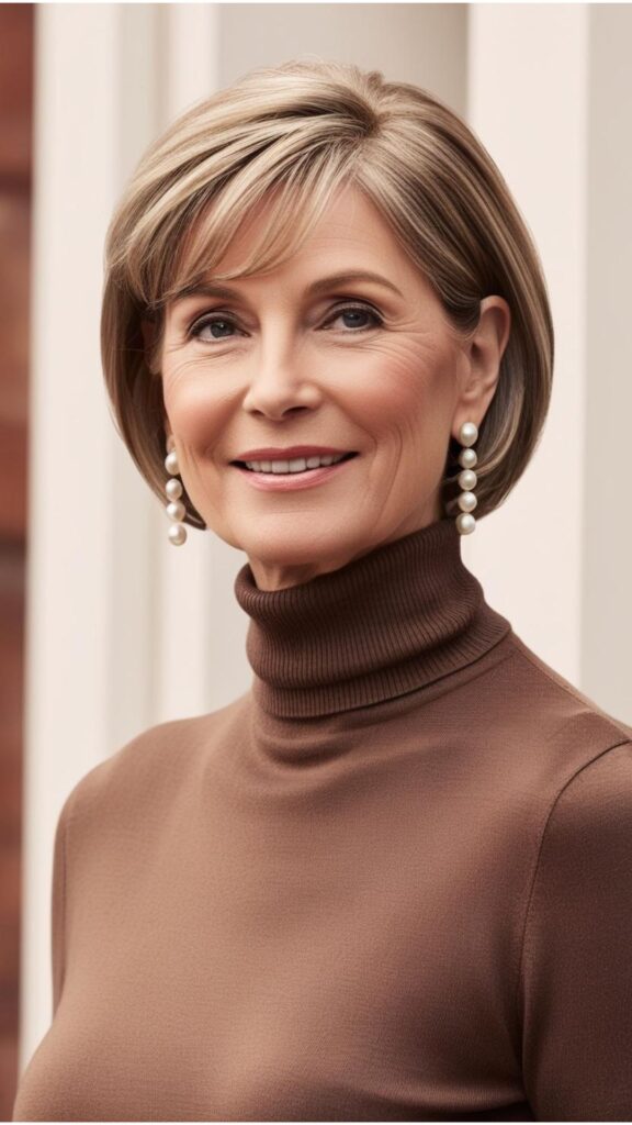 A lovely woman over 50 with a chic, layered bob.