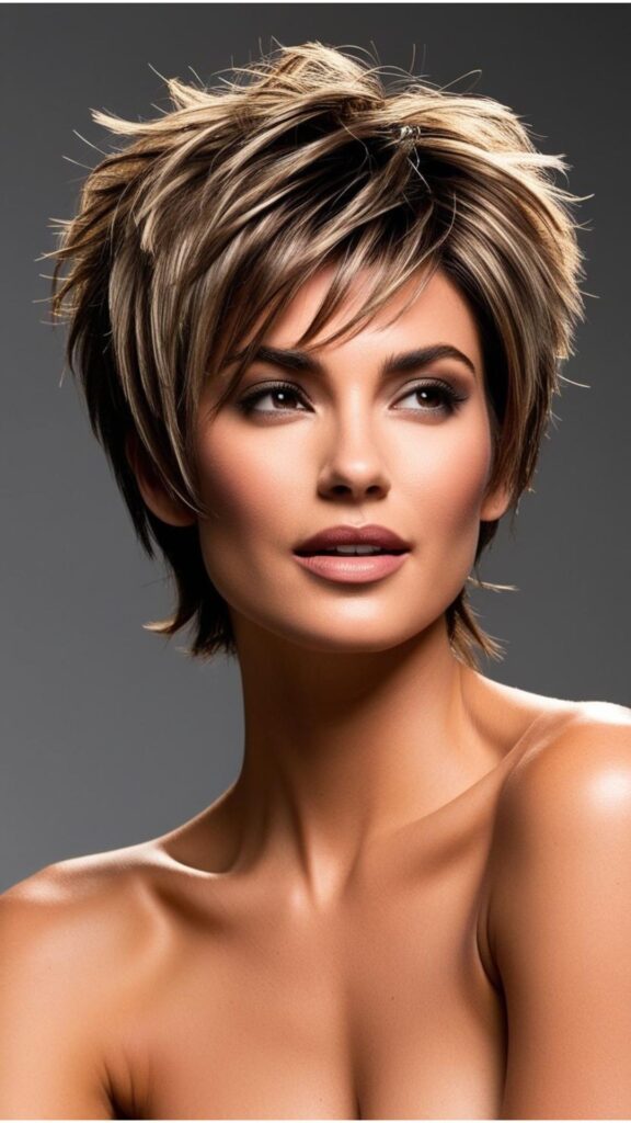 A stunning woman with a wolf cut, showcasing its textured layers and volume.