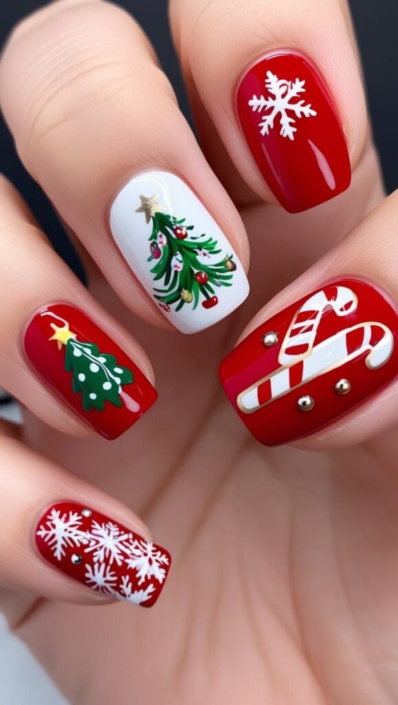 A set of short nails with Christmas-themed designs, such as snowflakes, a Christmas tree, and candy canes.
