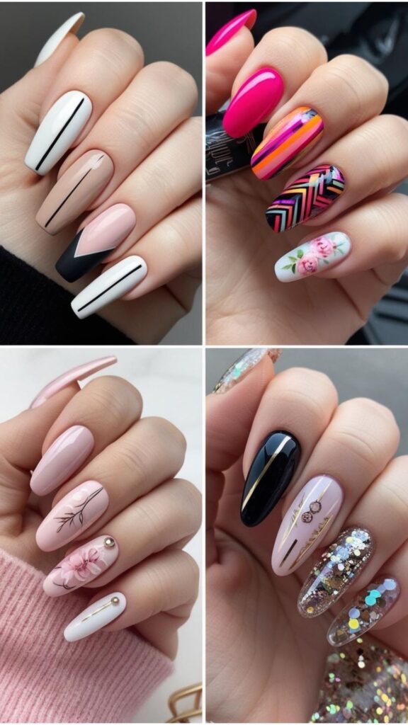 A pair of hands featuring different short nail designs: minimalist chic, bold and vibrant, romantic and feminine, edgy and modern, and glitter and sparkle.