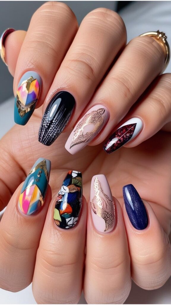 Find short nail design inspiration everywhere! Browse social media, magazines, or observe your surroundings.  Translate appealing colors, patterns, and textures into your own pair of hands unique nail art.