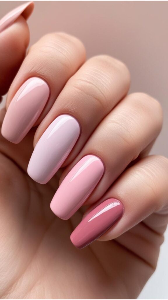 A set of short nails painted in different shades of pink.