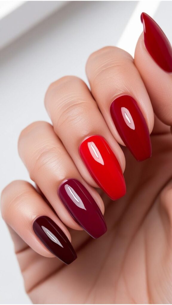 A set of short nails hand-painted in different shades of red.