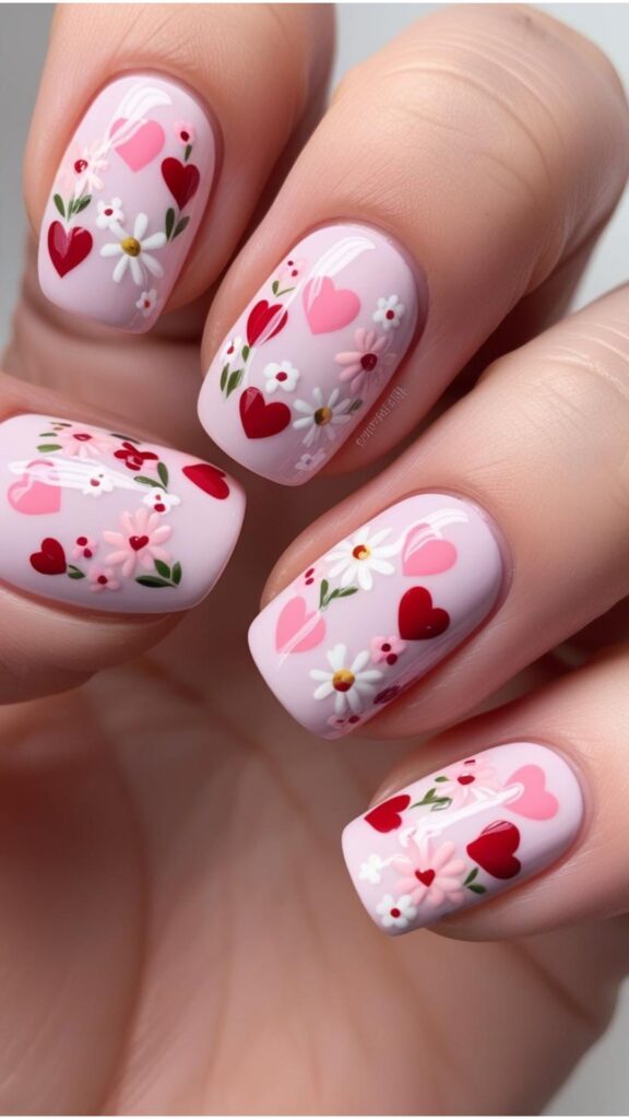A set of short nails with Valentine's Day-themed designs, such as hearts and flowers