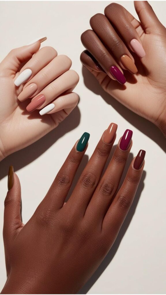 Three sets of short nails, each with a different skin tone (fair, medium, deep), showcasing nail polish colors that complement each skin tone