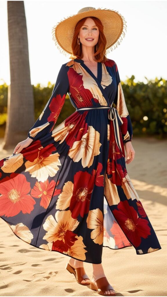 A stunning woman wearing a flowing maxi dress with a bold floral print, accessorized with a straw hat and sandals.
