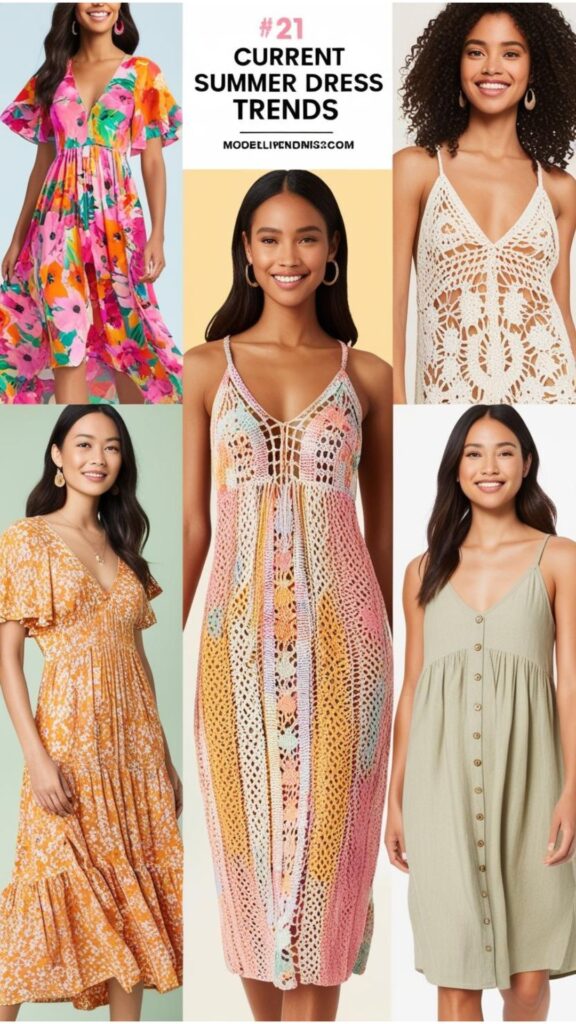 A collage featuring different summer dress trends for women, including floral maxi dresses, crochet dresses, and linen sundresses.