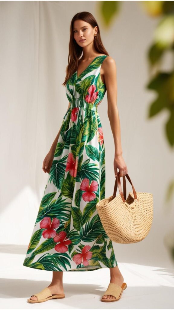 A model wearing a flowing maxi dress made from organic cotton with a vibrant tropical print, accessorized with sustainable sandals and a woven bag.