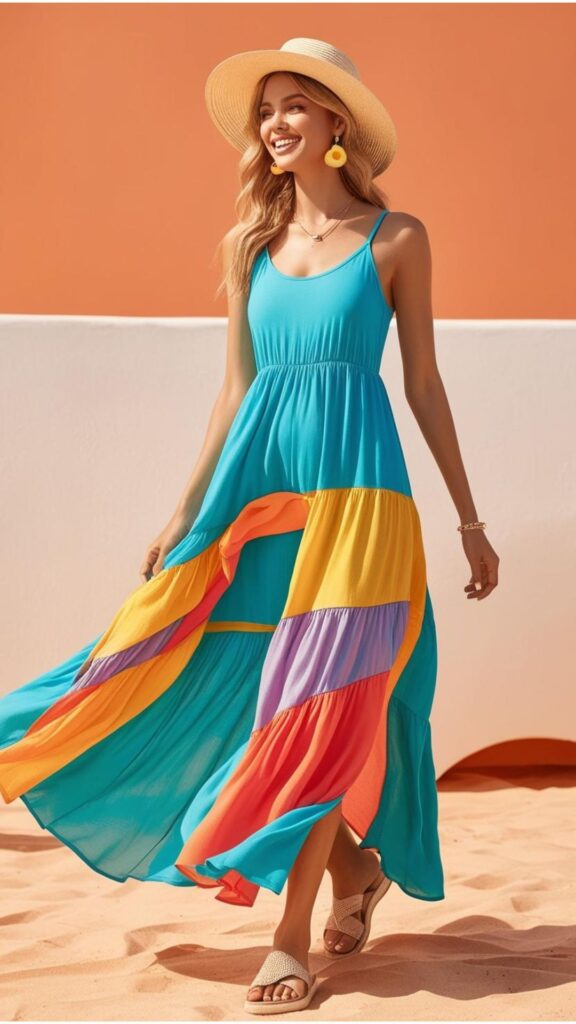 Summer style: Woman in a flowy, lightweight one-piece dress.  Bright colors, breezy fabrics, accessorized with sandals and a hat.