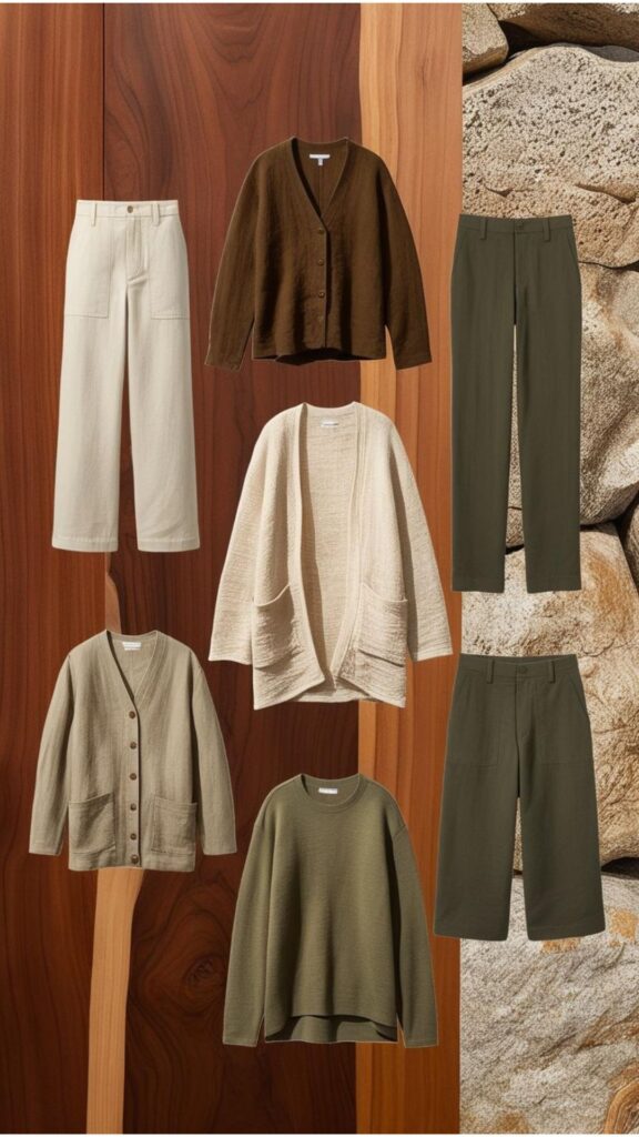A mood board featuring clothing in earthy tones like brown, beige, and olive green, alongside natural textures like wood and stone.