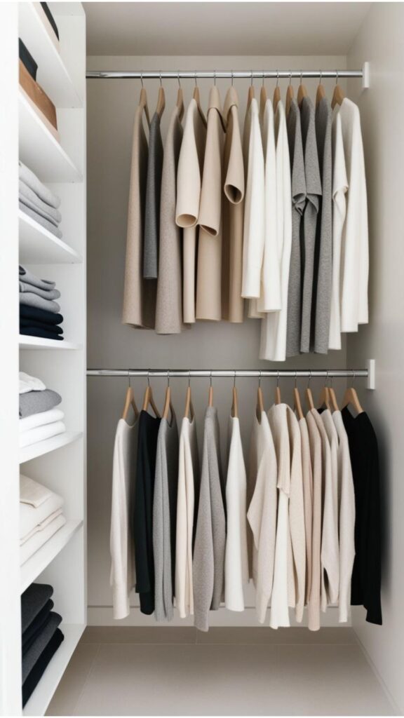 A capsule wardrobe consisting of essential pieces in neutral colors, arranged in a minimalist closet.