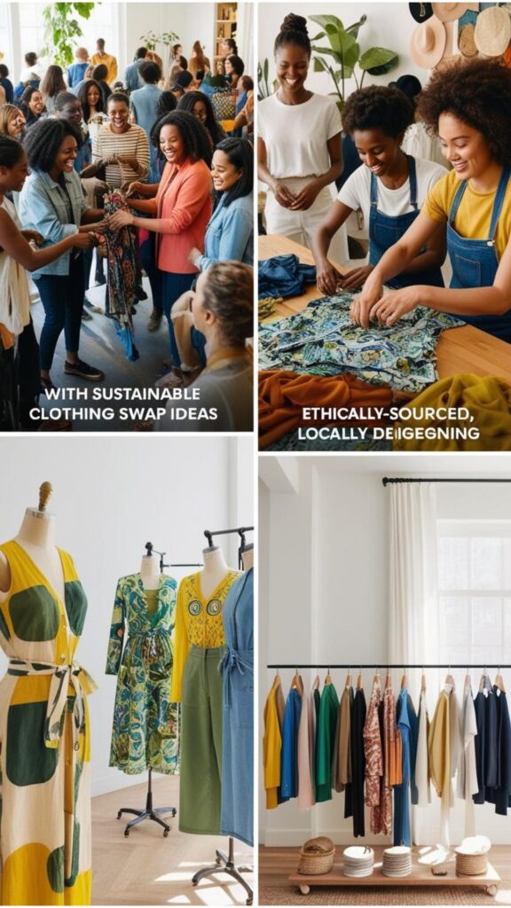 Four images showcasing sustainable fashion ideas: clothing swap, sewing, local designer clothes, and renting clothes.