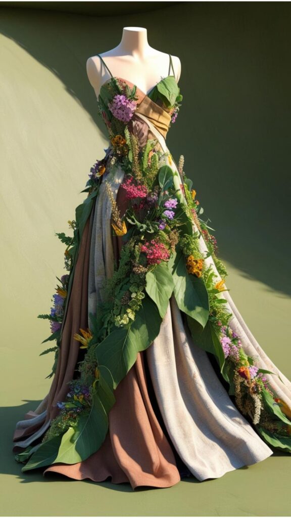 Illustration of a dress made from recycled materials with blooming flowers and lush greenery, representing sustainable fashion.