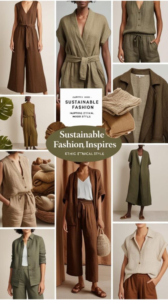 A sustainable fashion mood board inspires ethical style with visuals of eco-friendly outfits, earthy tones, natural dyes, and textures like linen and wool.