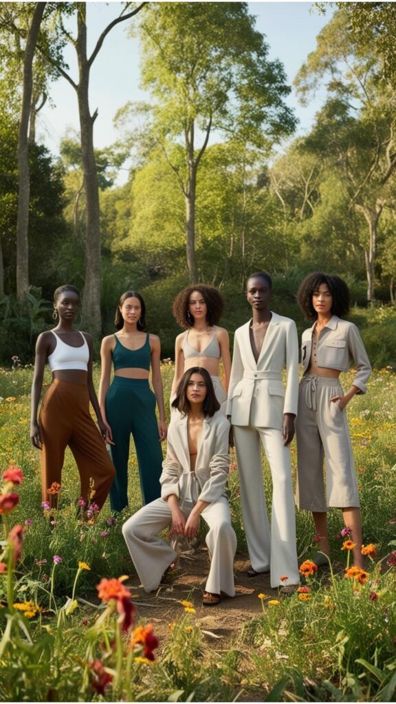 A photoshoot featuring sustainable fashion outfits in a natural setting, like a forest or a field of wildflowers.