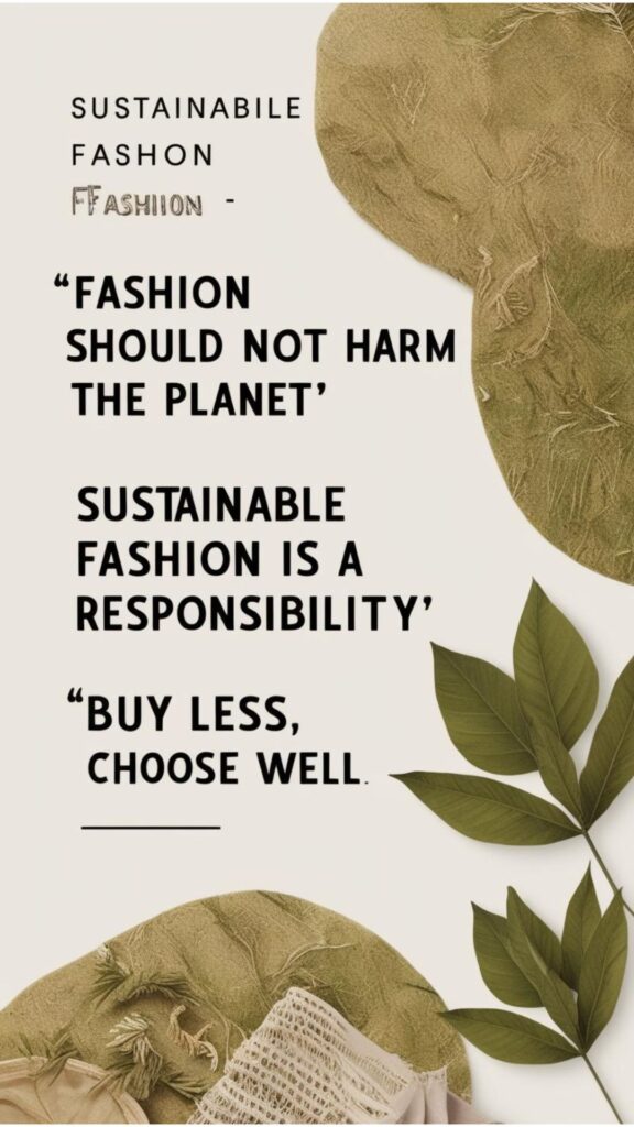 Find inspiration in sustainable fashion quotes: "Fashion should not harm the planet," "Sustainable fashion is a responsibility," and "Buy less, choose well."