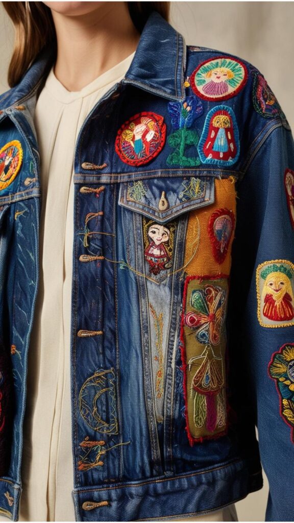 A denim jacket with visible mending, showcasing colorful patches and embroidery.