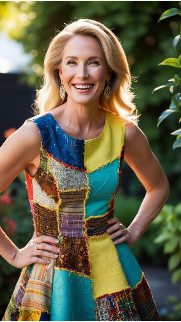 A stunning woman wearing a dress she made herself from upcycled fabric, showcasing her creativity and sustainable style.
