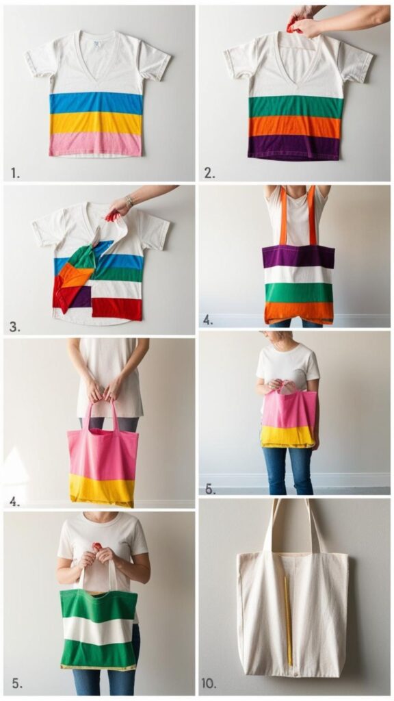 A step-by-step tutorial showing how to upcycle an old t-shirt into a reusable tote bag.