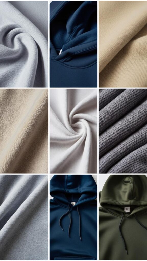 Close-up shots of different hoodie materials, highlighting their textures and properties.