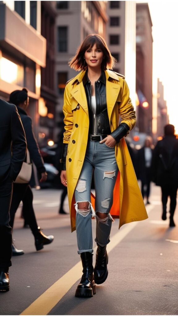  A lovely woman wearing a bright yellow trench coat over a black leather jacket, ripped jeans, and chunky boots, walking down a city street.