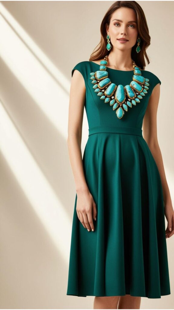 A woman wearing a statement necklace with a dress.