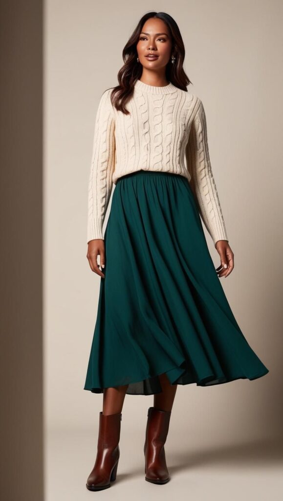 A stunning woman wearing a midi skirt with a sweater and a pair of ankle boots.