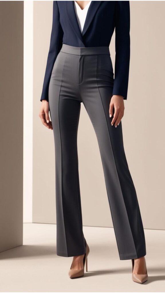 A woman wearing a pair of wide-leg trousers with a blazer and a pair of heels.