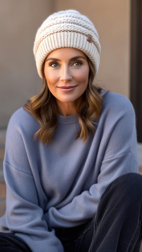A beautiful woman wearing a beanie with a sweater and a pair of jeans.