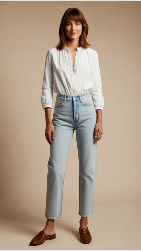 A pretty woman wearing a pair of high-waisted jeans with a tucked-in blouse and a pair of loafers.