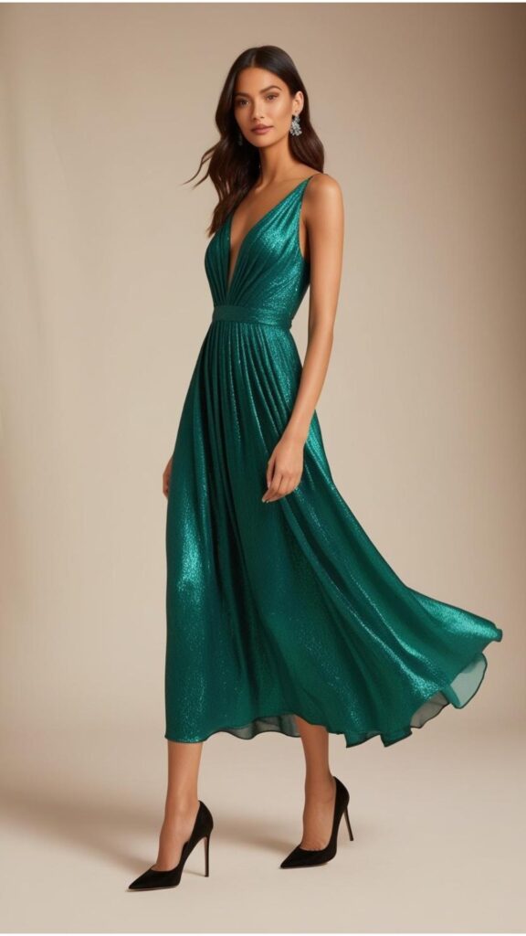 A woman wearing a emerald green dress with a pair of black heels.