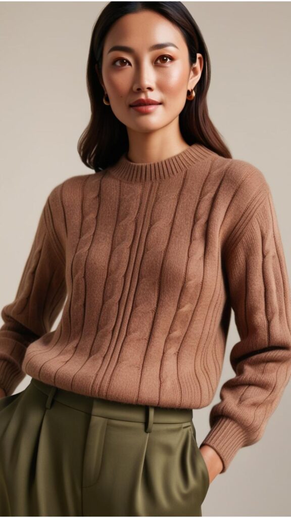 A stunning woman wearing a brown sweater with a pair of olive green trousers.