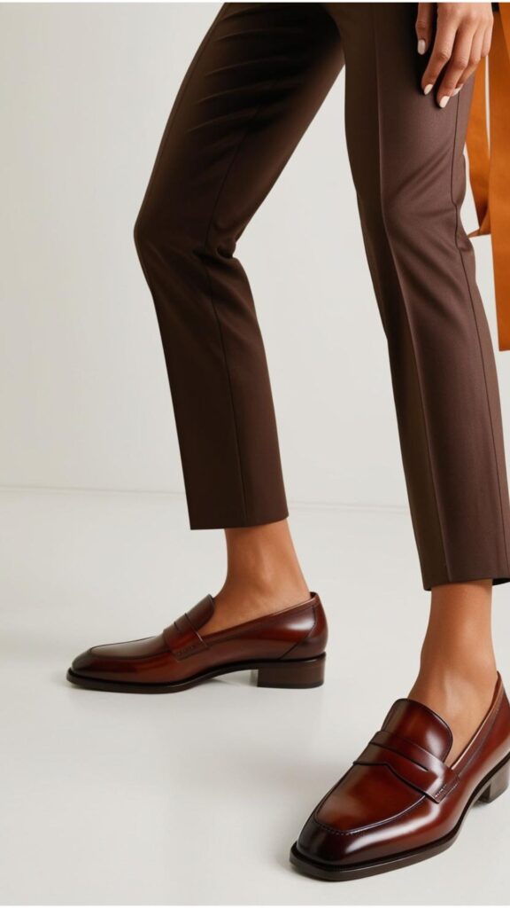 A stunning woman wearing a pair of brown loafers with a pair of trousers.