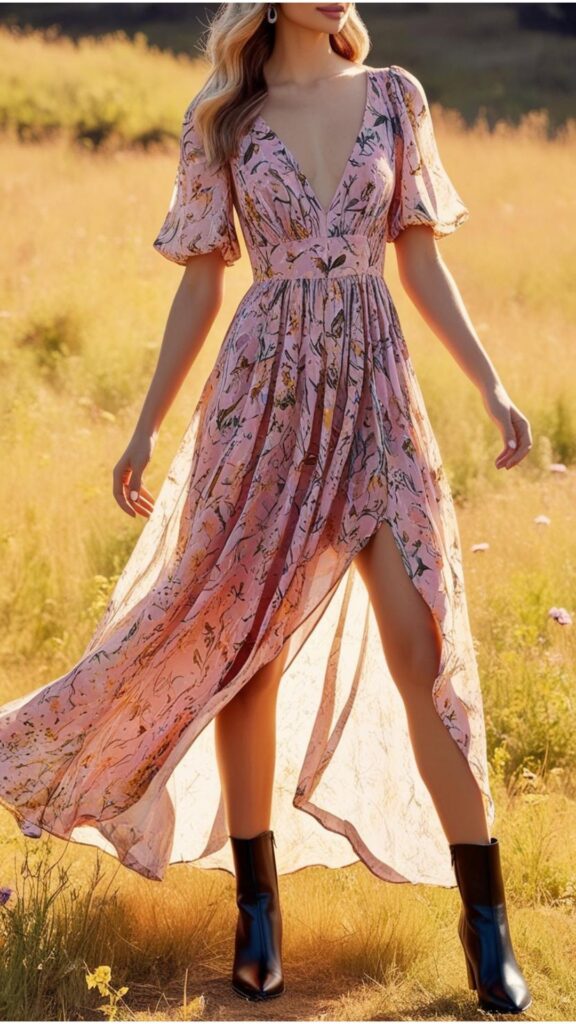 A woman wearing a pair of black ankle boots with a dress.