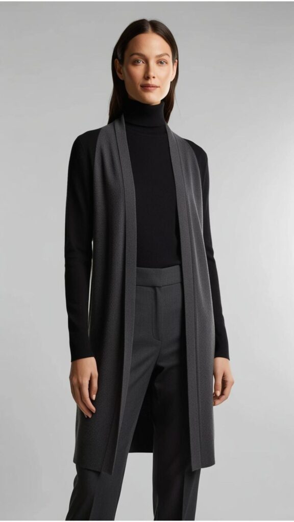 A woman wearing a black turtleneck sweater with a longline cardigan and a pair of trousers.