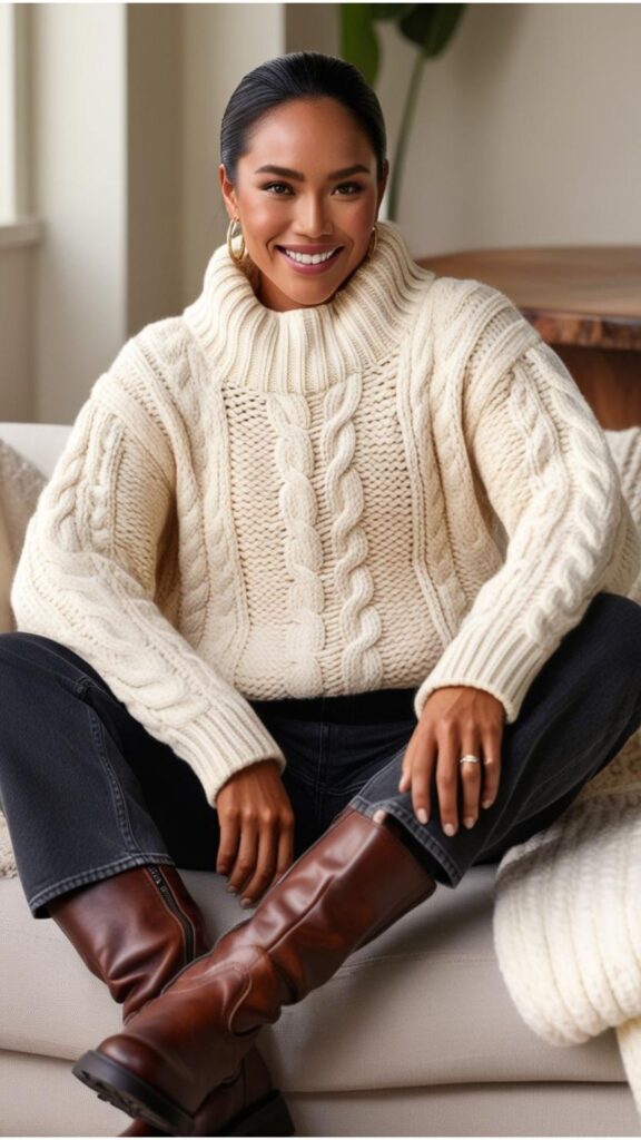 A stunning woman wearing a chunky knit sweater with a pair of jeans and boots.