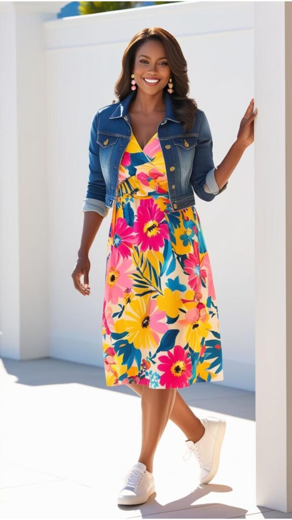 A stunning woman wearing a floral dress with a denim jacket and sneakers.