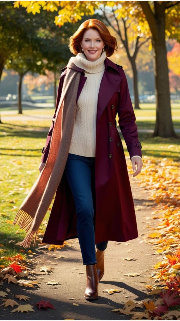 A lovely woman wearing a burgundy trench coat over a cream-colored sweater, brown leather boots, and a scarf, walking through a park with autumn leaves.