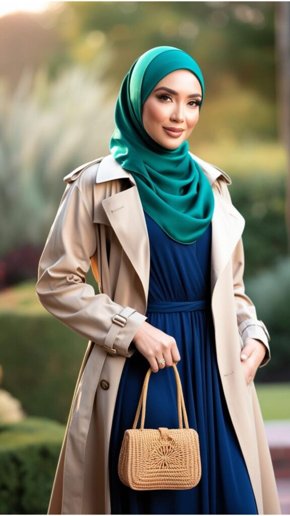 A stunning woman wearing a hijab, a flowing maxi dress, and a beige trench coat, accessorized with a small handbag.