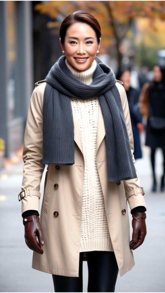 A stunning woman wearing a beige trench coat over a chunky knit sweater, black leggings, and ankle boots, accessorized with a scarf and gloves.