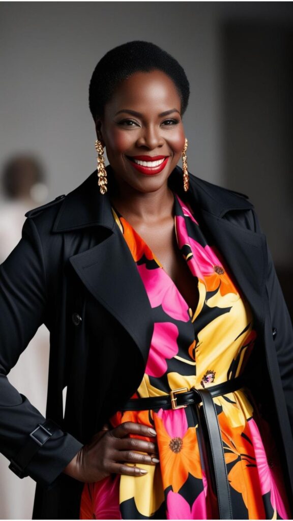 A Black beautiful woman wearing a black trench coat over a vibrant floral dress, accessorized with statement earrings and a bold red lip.