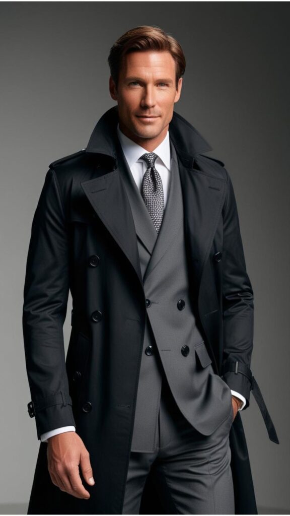 A good looking man wearing a black trench coat over a gray suit, a crisp white shirt, and a silk tie