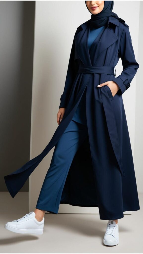 A beautiful woman wearing a black trench coat over a navy blue abaya, accessorized with a hijab and a pair of white sneakers.