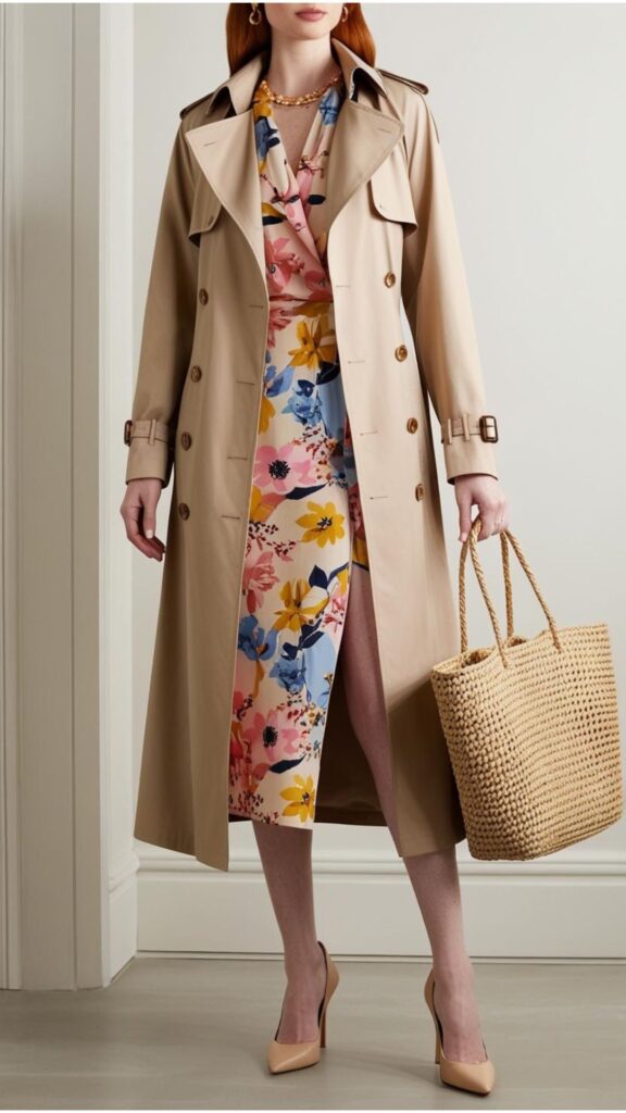 A stunning woman wearing a beige trench coat over a floral midi dress, paired with bare heels and a straw tote bag.